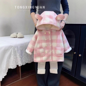 Child Star Circle Girls Plaid <b>Coat</b> Thickened Fleece <b>Lined</b> Winter Outerwear With Hood And Pockets For Kids - Product Image 1