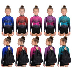 Ensemble justaucorps pour filles, motif ombré, manches longues, col montant, dos découpé, strass, pour entraînement de gymnastique, personnalisable - Product Image 1
