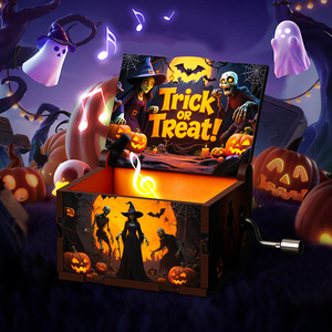 Boîte à musique à manivelle sur le thème d'Halloween, sorcière, fantôme, citrouille, peinte, pour décoration et cadeau - Product Image 4