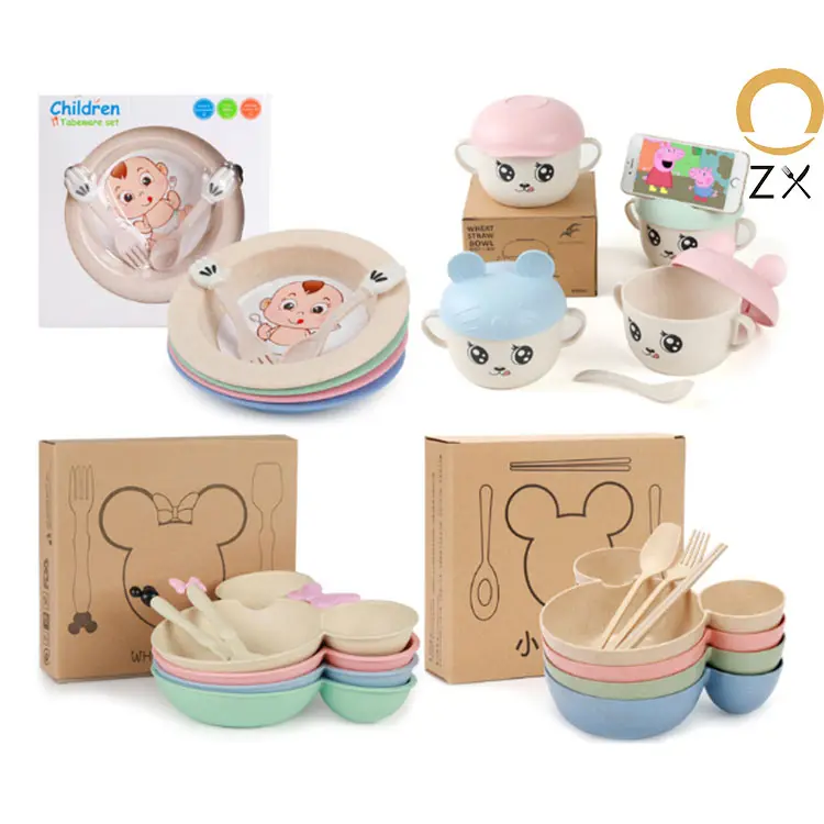 2020 Amazon Top Seller Factory Price Customized Bamboo Fiber Animal Children Dish Cup Fork Spoon wheat straw Tableware Sets