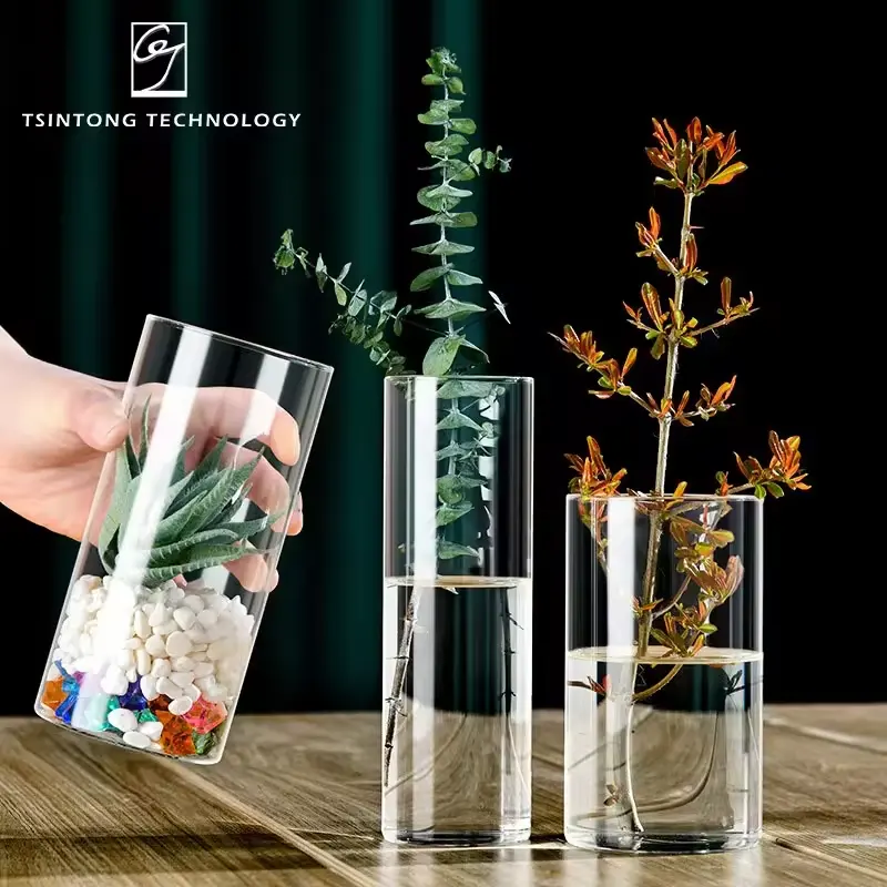 Grosir penjualan terbaik kustom Logo besar bening silinder vas kaca kembali aliran poli karbonat tinggi lantai vas bunga untuk dekorasi