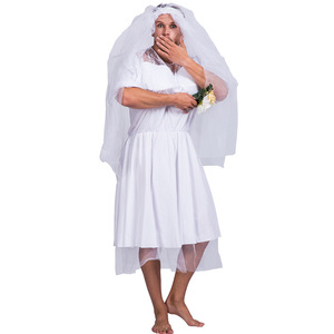 Costume de mariée fantôme pour homme, robe de mariée blanche avec voile et bouquet pour fête d'Halloween, tenue de travestissement pour homme - Product Image 1