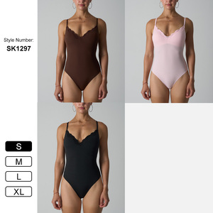 Sk1297 <span class=keywords><strong>Sexy</strong></span> 76% Polyamide 24% Elastaan Lichtgewicht Ronde Voorste Halslijn Beeldhouwsluiting Korte Rekbare Kanten Rand Bodysuit - Product Image 2