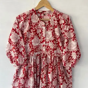 Venta caliente 100% vestido de algodón hecho a mano estilo dulce bloque de mano impreso para ropa de verano precios al por mayor disponibles naturales - Product Image 6