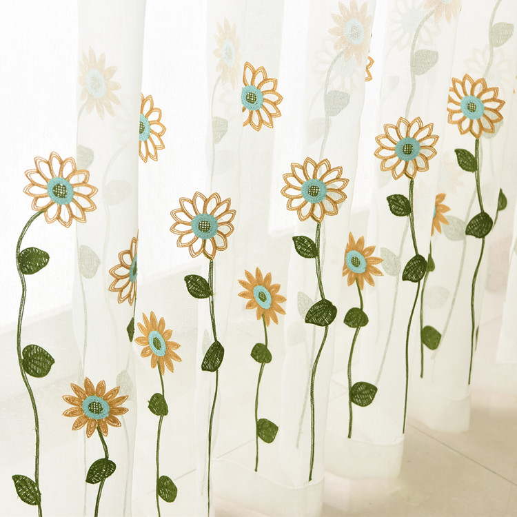 new sunflowers design wholesale embroidery sheer ready made window curtain with ring for hotel and bedroom