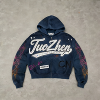 Sweat-shirt à capuche unisexe personnalisé par les fabricants, en molleton, coupe courte, effet usé, avec fermeture éclair, strass, streetwear, appliqué brodé