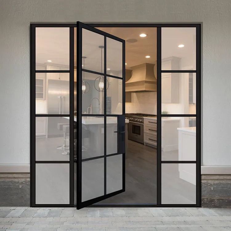 Customized outside main entrance metal doors design french style exterior front entry steel frame glass door with grid