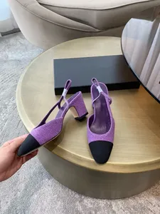 Sandalias de Tacón Alto para Mujer, Diseño de Lujo, Cuero Genuino, Combinación de Colores, Tacones Gruesos, Color Morado - Product Image 5