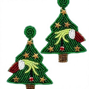Handmade Embroidered Christmas <b>Tree</b> Earrings Green Gold Red White Cotton Party Holiday Decorative Jewelry - Product Image 1