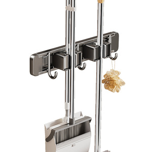 Blue Vine <b>Wall</b> Mounted <b>Mop</b> Holder Chrome Finish Punch Free With Hooks For Bathroom Storage - Product Image 4