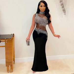 Vestido de Noche de Diseñador sin Mangas con Aberturas y Pedrería para Dama, Sexy y Formal para Boda, Cumpleaños, Fiesta, Ajustado, Largo para Club y Baile de Graduación - Product Image 2