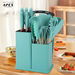 19 Pieces Kitchen Utensils and Knife Set with Block 11 Piece Silicone Utensil Set 5 Piece Sharp Stainless Steel Kitchen Knives