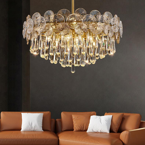Luxe Métal Cristal Cascade Banquet Hall <span class=keywords><strong>Art</strong></span> Déco Feuille Ronde Branche <span class=keywords><strong>Lustre</strong></span> Intérieur Suspension Décorative Suspension Lumière - Product Image 1