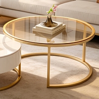 Table basse ronde moderne, ensemble de 2 tables basses gigognes en marbre avec cadre doré et plateau en verre trempé pour salon