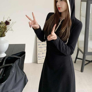 Women's Long Sleeve Hooded Sweatshirt Dress Black Solid Color Contrast Splicing Slim Waist Over The Knee Spring Autumn 2025 - Product Image 3