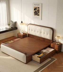 Minimalist Rubber Wood <b>Queen</b> <b>Bed</b> <b>Frame</b> Faux Leather Upholstered Headboard Durable Construction Storage Drawers Customizable <b>Size</b> - Product Image 5