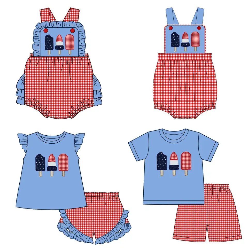 2023 أحدث مجموعة ملابس مطرزة للأطفال من سن 4 يوليو ملابس للأولاد والبنات في سن الحبو من سن البوتيك