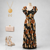 Robe longue plissée à volants et manches courtes en V pour femme, imprimé floral non extensible, style bohème, coupe trapèze, idéale pour les invitées de mariage estivales