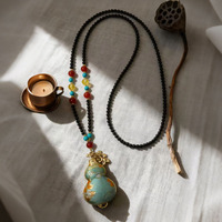 Collier pendentif gourde chinoise traditionnelle, breloque calabash émaillée avec perles multicolores, collier en onyx noir