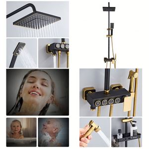 Juego de ducha termostática vintage de latón negro y dorado con cabezal de ducha tipo lluvia y mezclador de pared - Product Image 5