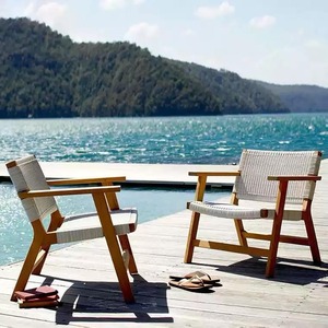 Fauteuil d'extérieur en teck massif, design personnalisé, avec sangles tressées à la main et ottoman, idéal pour jardin, cour, plage, hôtel ou maison. - Product Image 5