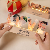 Lampe de nuit LED personnalisée avec photo LOVE, base en bois, alimentation USB, pour couples, cadeau pour la Saint-Valentin, anniversaire, mariage