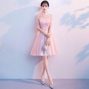 Pink Chinese Style Evening Dress Women Short Formal Banquet Dress With Zipper Polyester Fiber - Product Image 1