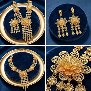 サウディ花嫁ステートメントジュエリーセット 24K 金メッキ多層花タッセルネックレスイヤリング贈り物 - Product Image 5