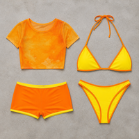 Ensemble de maillot de bain bikini halter non rembourré à double doublure avec garniture contrastante en tissu recyclé personnalisé, short de plage et haut transparent