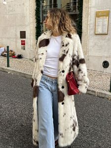 Manteau long tendance en fausse fourrure pour femme 2026, base blanche avec imprimé taches de vache marron, surchemise d'hiver à boutonnage simple - Product Image 2