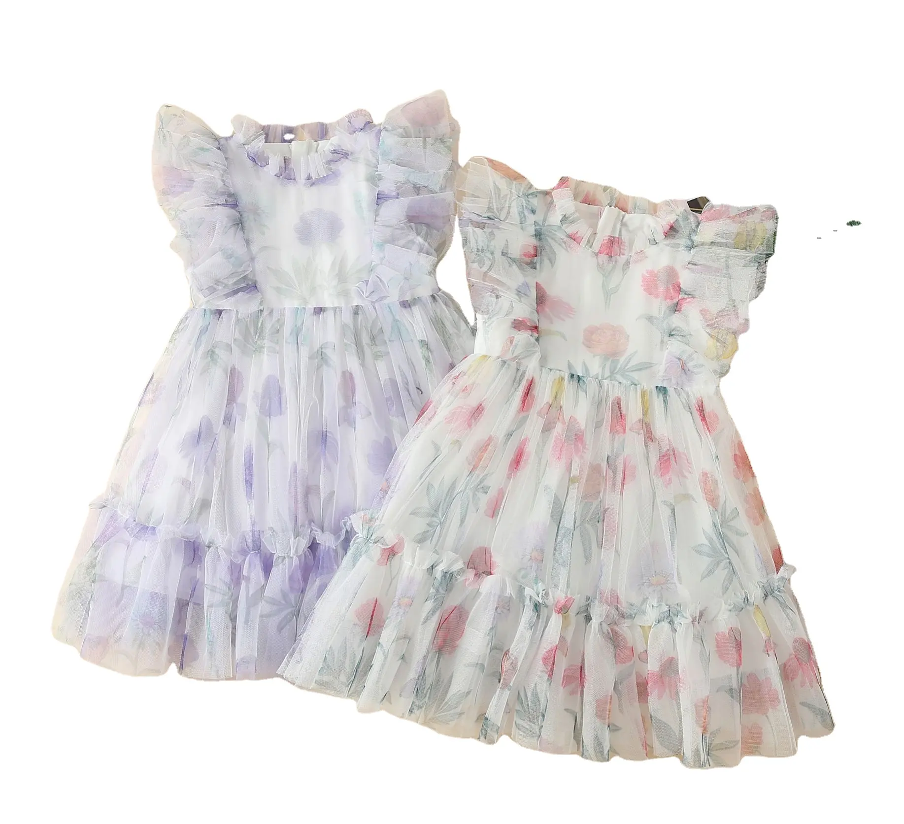 2023 Beautiful Kids Holiday Wear Gauze Pommel Children Clothing Sleeveless Princess Ruffled Girls Dresses