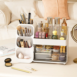 Home Cosmetic <b>Storage</b> Box Multifunctional Desktop Makeup Brush Lipstick Holder With <b>Drawers</b> White And Pink <b>Plastic</b> Organizer - Product Image 2
