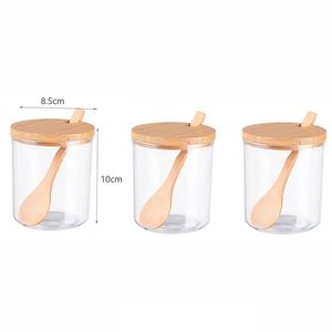 Food Storage <b>Box</b> Glass Spice Jar Kitchen Seasoning Jar Set 3pcs Glass Spice Seasoning Jar Spoon Base Set <b>With</b> Bamboo <b>Lids</b> - Product Image 4