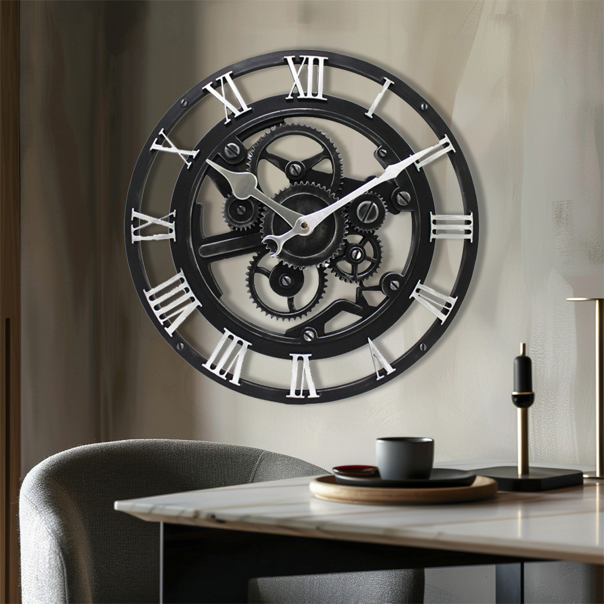 14" Vintage Punk Style Industrial Gear Clocks Roman Numeral Art Decorative Wall Clock