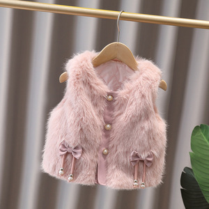 Chaleco Cálido y Peludo para Otoño e Invierno para Bebé Niña, Ropa Exterior Linda y Moderna con Decoración de Lazo y Perlas - Product Image 3