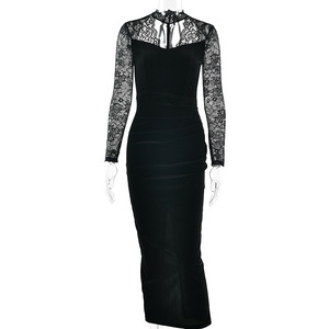 Robe de soirée pour femme en velours noir, dentelle, manches longues, col haut, dos nu, superposition transparente, robe de soirée formelle - Product Image 5