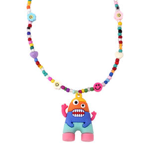 Cartoon Rainbow Monster Pendant Necklace Colorful Beaded <b>Chain</b> Fashion Jewelry For Kids And Teens Trendy Hip Hop Style - Product Image 5