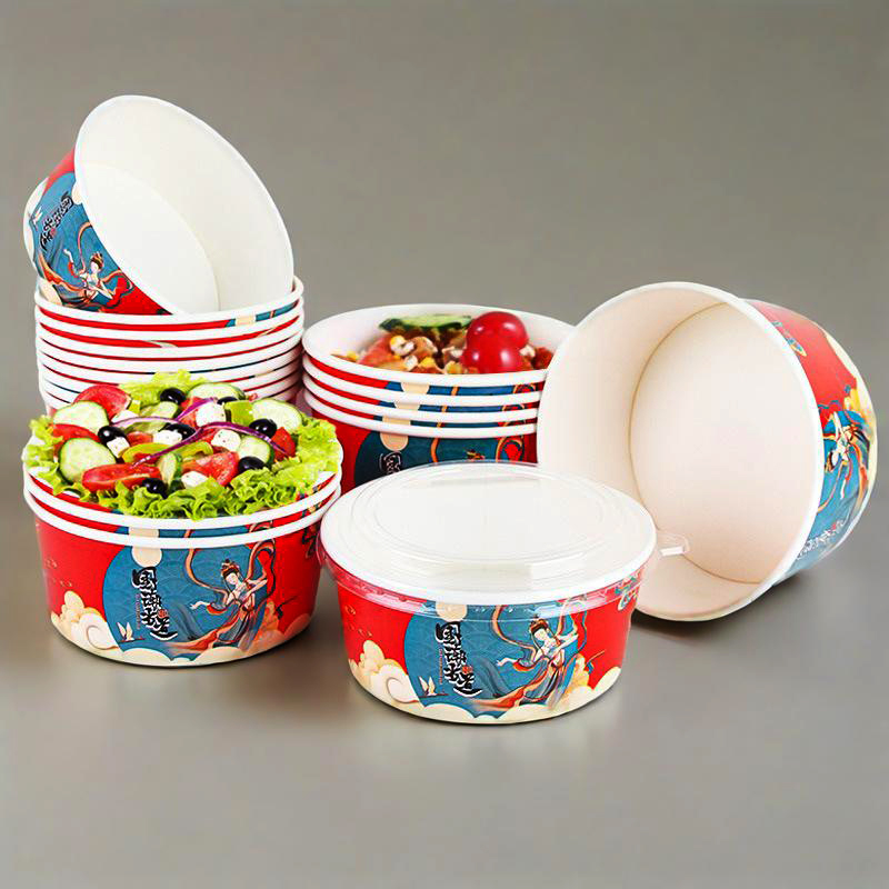 Custom Logo Paper Salad Plate Bowls with Clear Lids 750 ML Disposable Round Shape Kraft Food Containers Fried Chicken Bowl