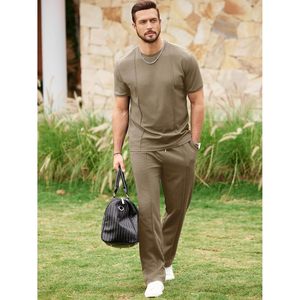 FOXA Mens 2 Piece <b>Set</b> Short Sleeve Shirt Loose Pants Summer Textured Suit Breathable Cotton <b>Knitted</b> Men's Outerwear - Product Image 2