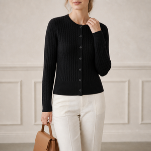 Cardigan <span class=keywords><strong>Femme</strong></span> en Mélange de <span class=keywords><strong>Laine</strong></span> Style Old Money, Tricot Câblé Effet Superposé, Coupe Décontractée, Jersey Simple, Chaud et Doux, Fabrication Personnalisée Directe Usine - Product Image 2