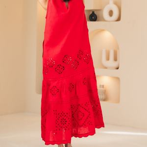 Vestido de Lino y Algodón a la Moda, Cuello Redondo, Casual, Sin Mangas, Bordado, Midi, Vestido de Verano para Mujer - Product Image 6