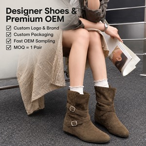 Bottes de travail classiques pour femmes, fermeture éclair latérale à double bouton, talon plat, adaptées à l'automne et à l'hiver - Product Image 1