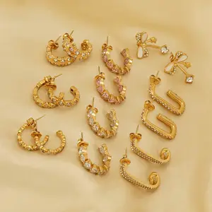 Luxury Vintage Designer 18K Gold Plated Stainless Steel Cubic Zirconia Hoop Earrings For Women Jewelry Gift