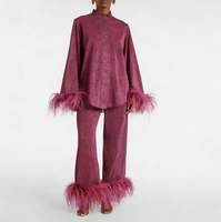 Nouvelle Collection 2025 – Ensemble 2 Pièces Femme : Haut à Manches Longues et Col Montant en Plumes, Couleur Unie, Tendance Décontractée, en Polyester/Coton Antistatique