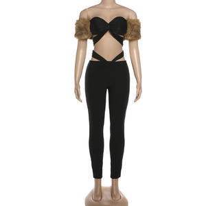 Completo Donna Primavera Autunno: Top Corto con Inserti in Pelliccia + Pantaloni Lunghi, Set Due Pezzi Sexy da Club - Product Image 3