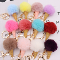 Vente en gros de porte-clés en forme de cornet de glace en fourrure de lapin imitation écologique multicolore de 5 cm