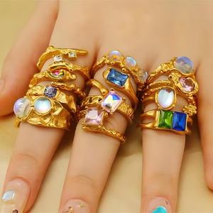 Anillos Abiertos Irregulares de Ópalo Fino, Conjunto de Joyería para San Valentín, Esmeralda Rosa Multicolor, Grabado, Anillo de Dedo de Cristal para Mujer y Hombre - Product Image 2