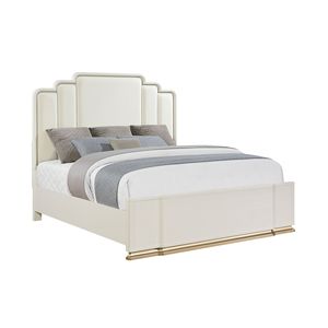 Cream <b>White</b> Solid Wood <b>Double</b> <b>Bed</b> Layered Fabric High Headboard Gold Plated Metal Base Platform <b>Bed</b> For Adults And Elderly - Product Image 2