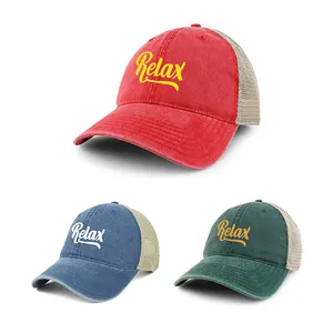 Custom Vintage Two Tone Gewassen Mesh Cap Voeg Uw Logo Verstelbare 6 Panel Trucker Cap