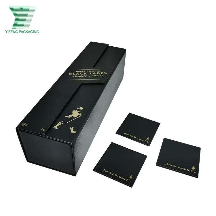 Luxury Black PU Wine Gift Box with Gold Stamping Label Logo Walker Whisky Bottle Leather Packaging Box with Coaster